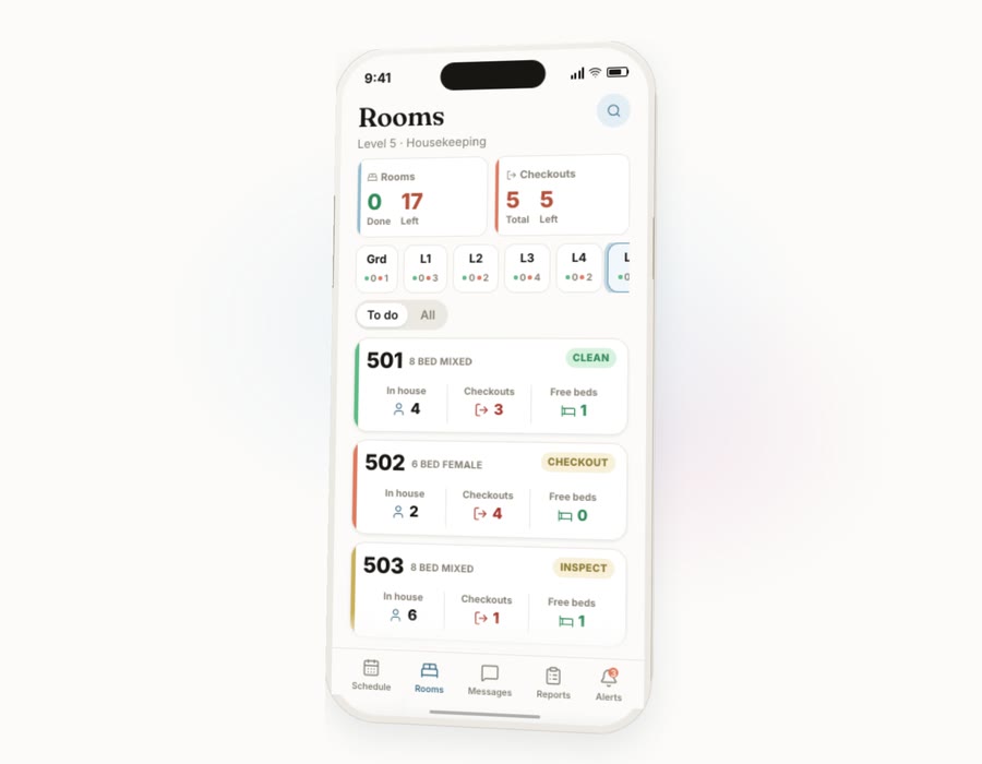 The Oraoki app showing a live hostel room board: 501 clean, 502 checkout, 503 to inspect