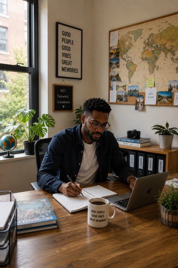 Hotel owner reviewing performance on a laptop